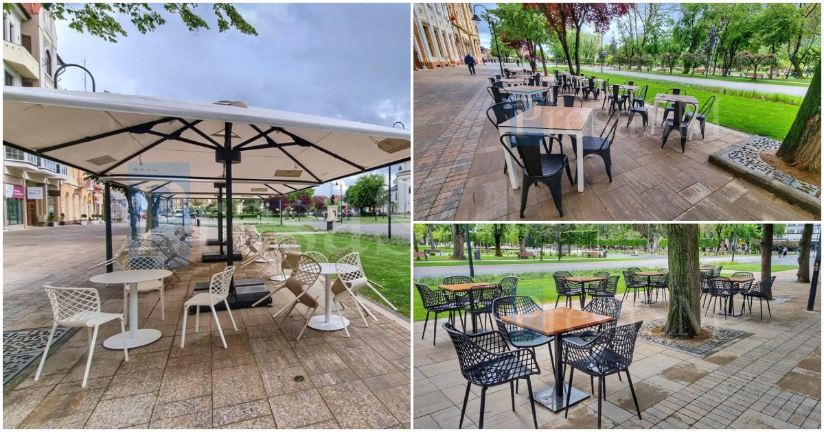 FOTOGALERIE. Cum arată noile terase din Centrul Vechi, după dispariția umbrelelor colorate, a frigiderelor și a reclamelor