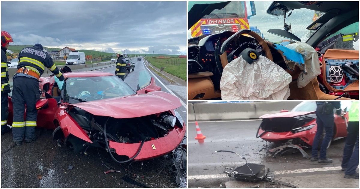 FOTO. Ferrari făcut praf pe un drum din vestul țării. S-a înfipt cu bolidul de lux într-un cap de pod