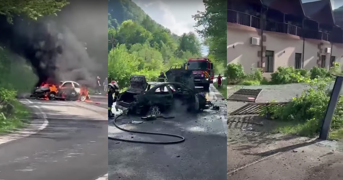 VIDEO. Accident grav în județul vecin. Mașină în flăcări, după ce s-a izbit de gardul unui restaurant