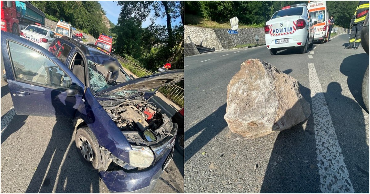 FOTO. Film de groază pe o şosea din Arad. Mașină strivită de bolovan. Șoferul a leșinat și a intrat pe contrasens