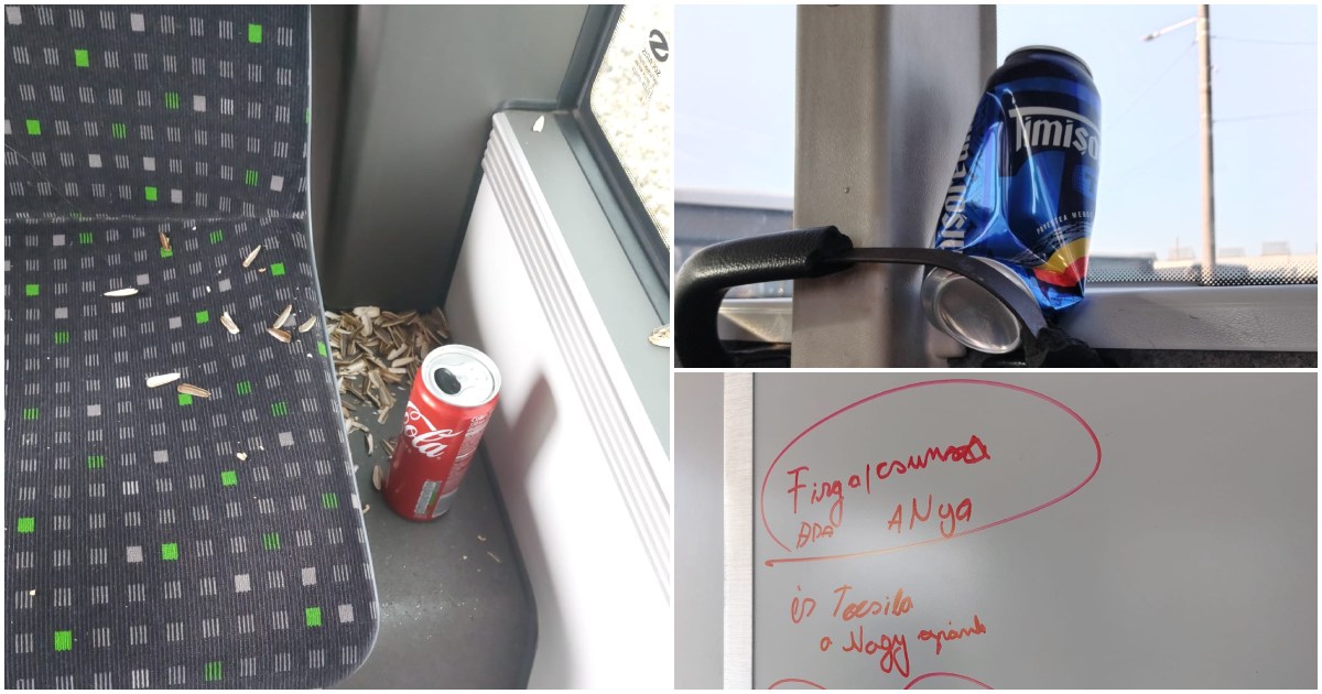 FOTO. Coji de semințe, doze de suc, de bere și graffiti în autobuzele din Satu Mare. Transurban trage un semnal de alarmă