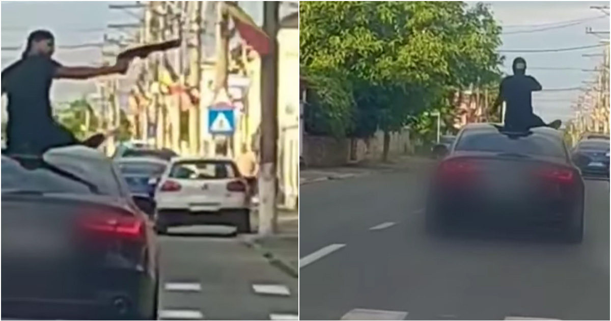 VIDEO. Imagini revoltătoare pe străzile unui oraș din țară. Bărbați pe plafonul mașinii, amenințând oameni cu arma airsoft