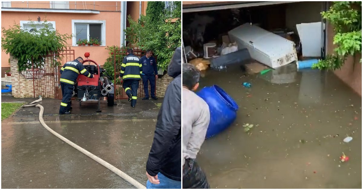 FOTO/VIDEO. Intervenții ale pompierilor după ploaia torențială în Satu Mare. Copac căzut pe stradă, curți și beciuri inundate