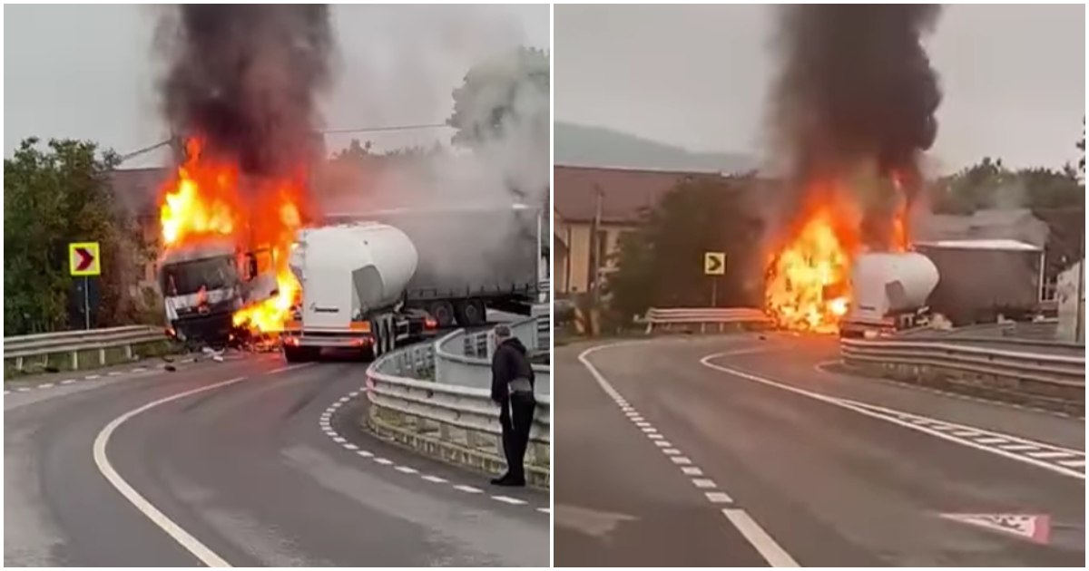 VIDEO. Accident grav în județul vecin. Două autocamioane s-au lovit, iar apoi au luat foc!