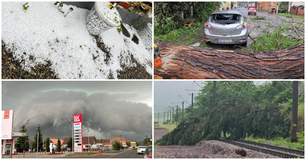 FOTO/VIDEO. Primul cod roşu de vreme severă din acest an din țară. Furtunile au făcut prăpăd. Un panou publicitar a căzut peste un trecător