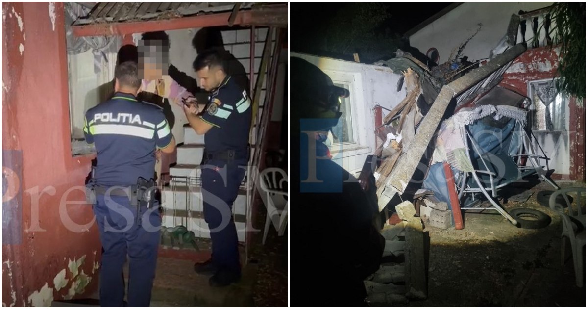 FOTO/VIDEO. Casă prăbușită peste o femeie, în județul Satu Mare. Salvată de polițiști și pomnpierii voluntari