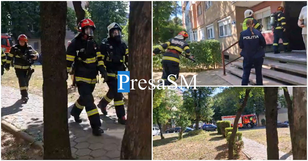 VIDEO. Incendiu într-un bloc turn din municipiul Satu Mare. Pompierii și ambulanța la fața locului