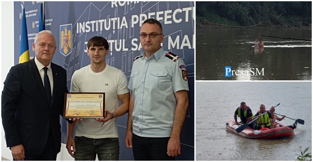 FOTO. David, eroul din Satu Mare, care a salvat o tânără din Someș, premiat de prefect și șeful ISU