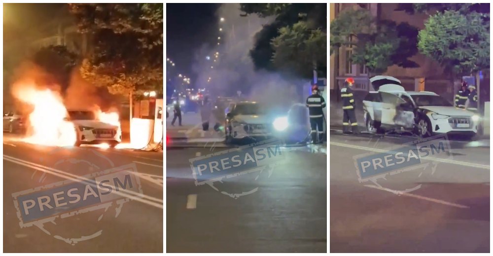 VIDEO. Incendiu și explozie la o mașină electrică în Satu Mare! Bulevard blocat de Poliție, intervin pompierii