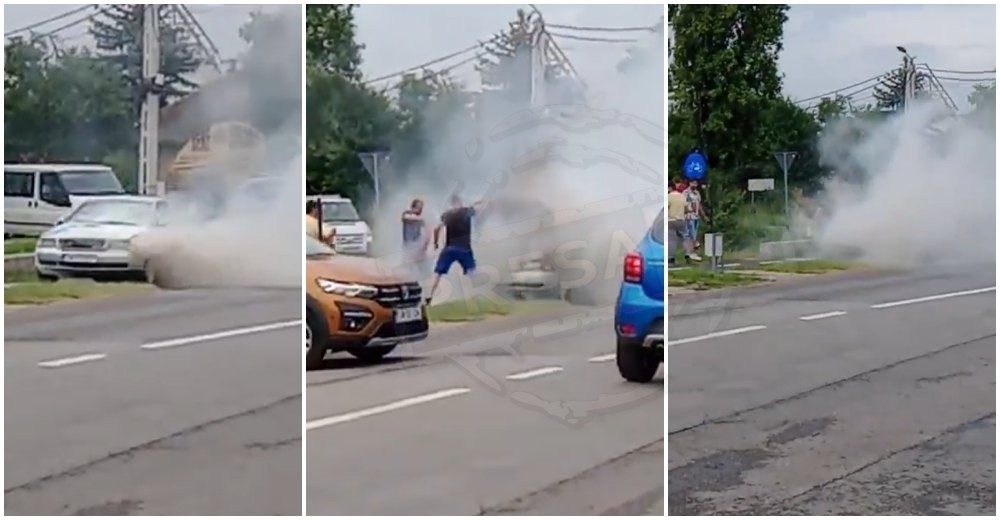 VIDEO. Mașină în flăcări în municipiul Satu Mare. Mai mulți șoferi au sărit în ajutorul proprietarului