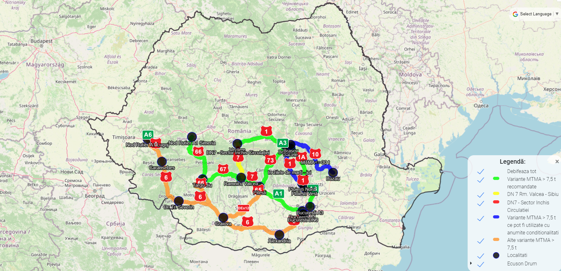 HARTĂ. Rute alternative pentru sătmărenii care merg la Mare sau București. S-a închis Valea Oltului!