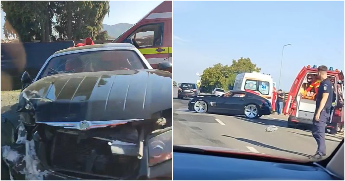 VIDEO. Impact între un Chrysler și un microbuz! Cinci persoane au ajuns la Urgență