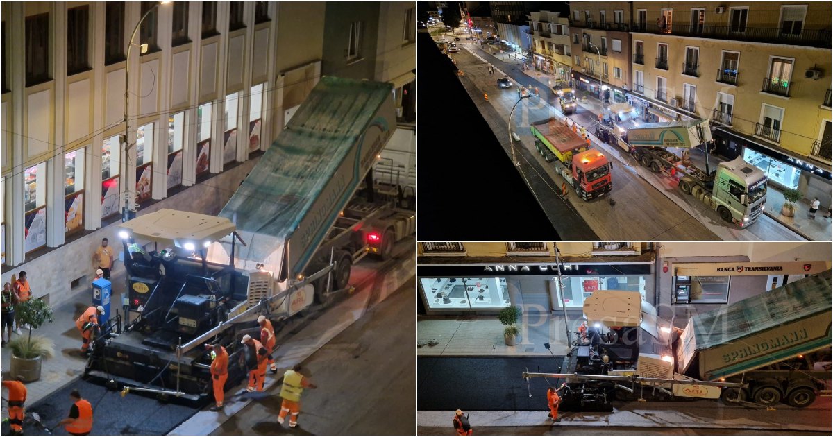 FOTO/VIDEO. Se asfaltează bulevardul I.C. Brătianu. Se lucrează pe timp de noapte