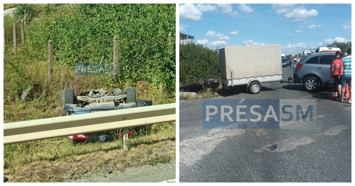 FOTO. Mașină răsturnată în șanț pe DN19, între Satu Mare și Carei. Echipaje medicale la fața locului