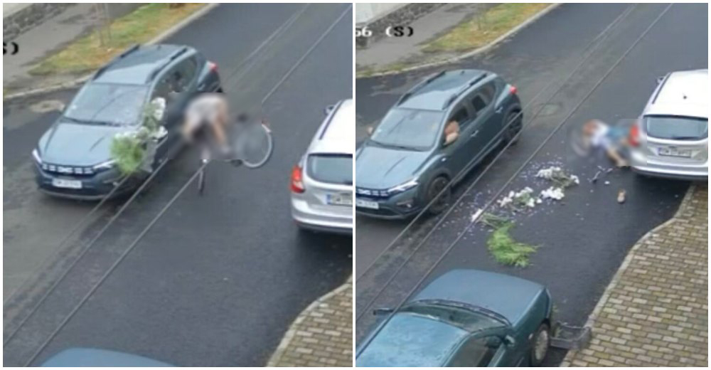VIDEO. Biciclist lovit în plin, astăzi, în municipul Satu Mare. Mașina, condusă de o șoferiță
