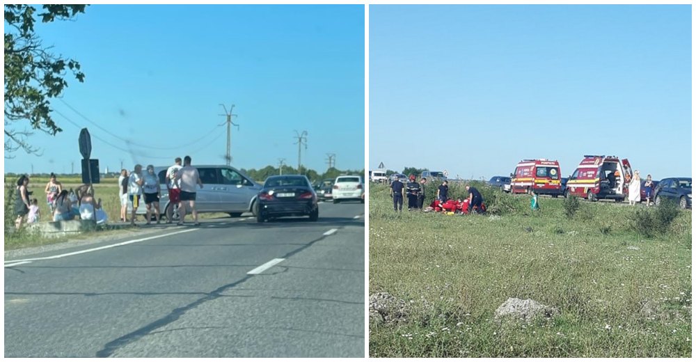 FOTO/VIDEO. Accident pe DN19. Motociclist lovit de o mașină, proiectat pe câmp