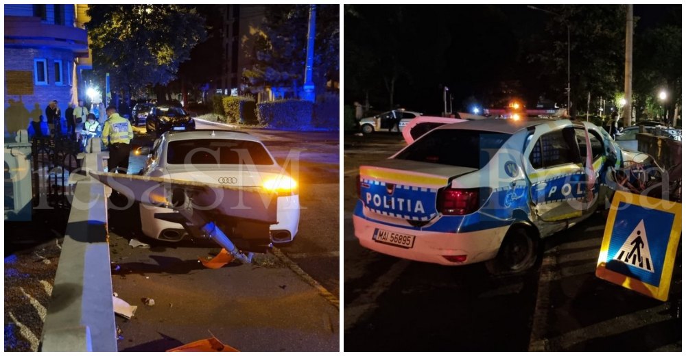 FOTO/VIDEO. Un sătmărean susține că a fost lovit în plin de mașina Poliției. ”Ne-am învârtit de 3-4 ori”