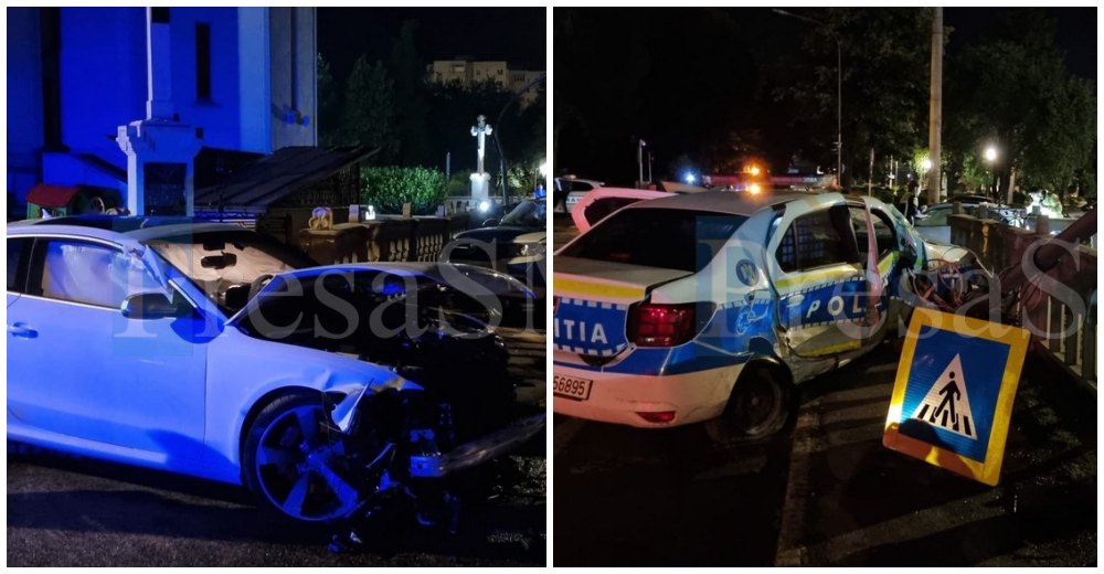 FOTO/VIDEO. Doi polițiști și un reținut, la Urgență. Poliția explică cum s-a produs accidentul din Satu Mare