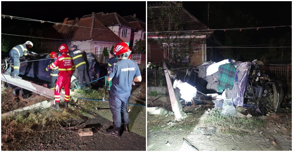 FOTO. Tânărul care a spulberat un stâlp și s-a răsturnat cu mașina era beat la volan