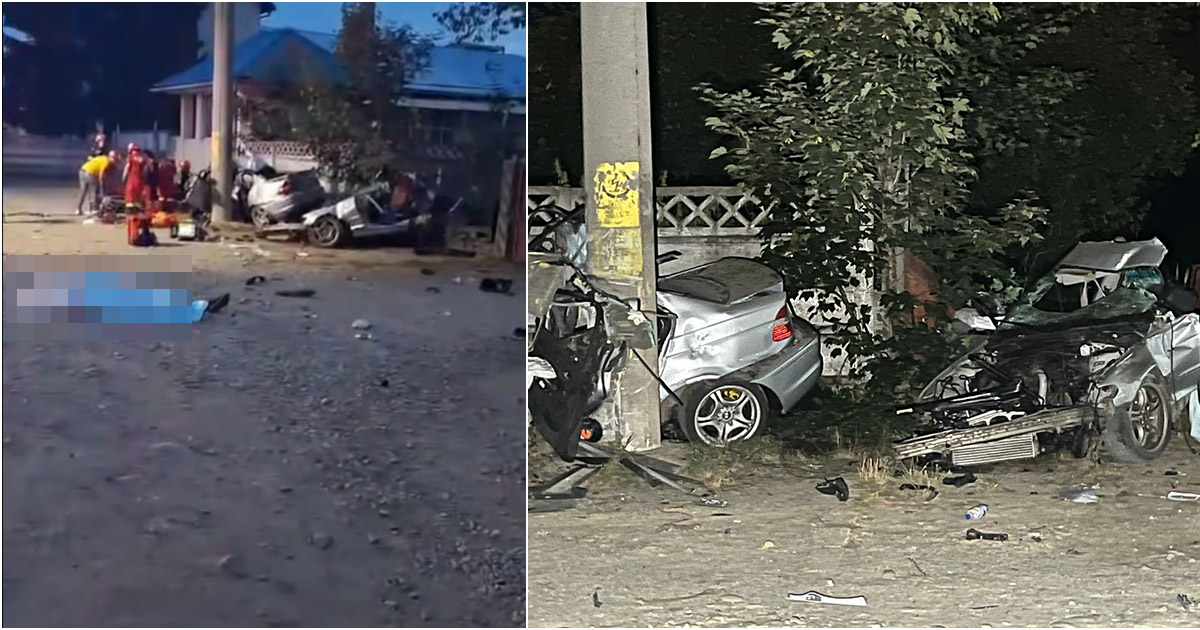 FOTO/VIDEO. Doi polițiști morți în județul vecin! Mașină ruptă în două, impact cu un stâlp
