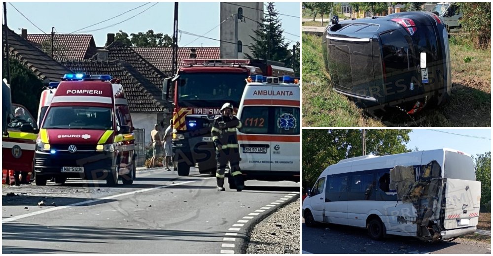 FOTO/VIDEO. Accident în județul Satu Mare. Microbuz de persoane lovit, mașină răsturnată