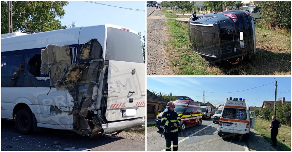 FOTO/VIDEO. Cum s-a produs accidentul din Tășnad. Microbuz cu 11 călători, acroșat! Mașină răsturnată, autoutilitară lovită