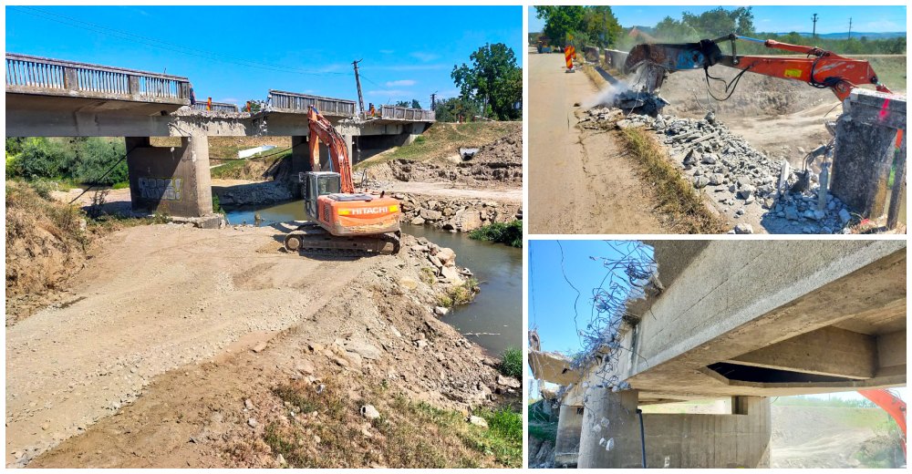 FOTOGALERIE. Se sparge un pod important din județul Satu Mare. Utilajele grele au intrat în acțiune
