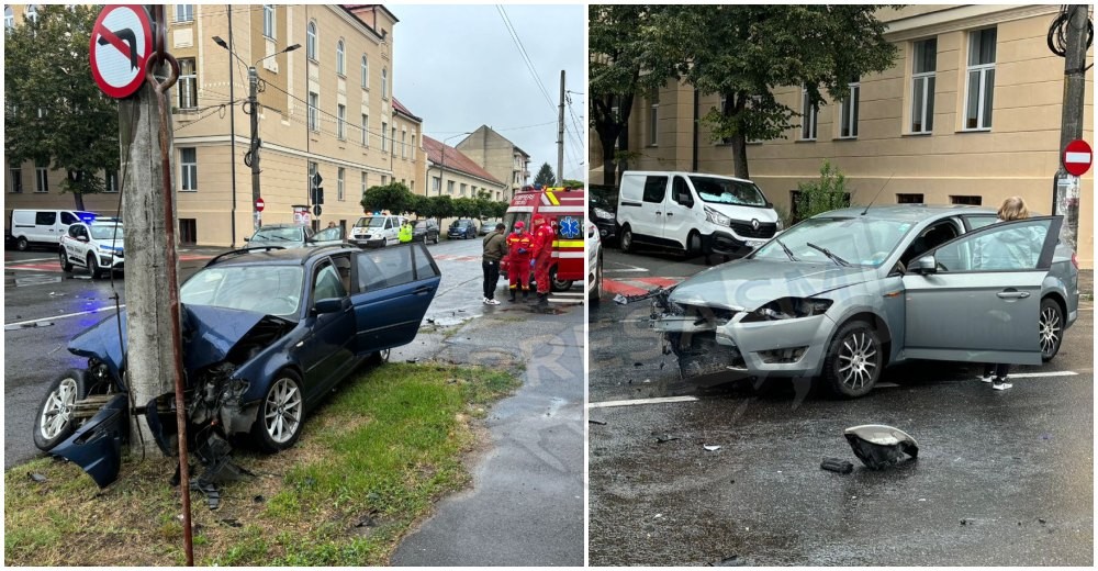 FOTO/VIDEO. Accident grav în municipiul Satu Mare. BMW izbit în stâlp, mai multe victime