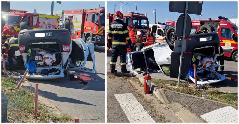 FOTO. O femeie s-a răsturnat cu mașina plină cu cumpărături, în parcarea Auchan