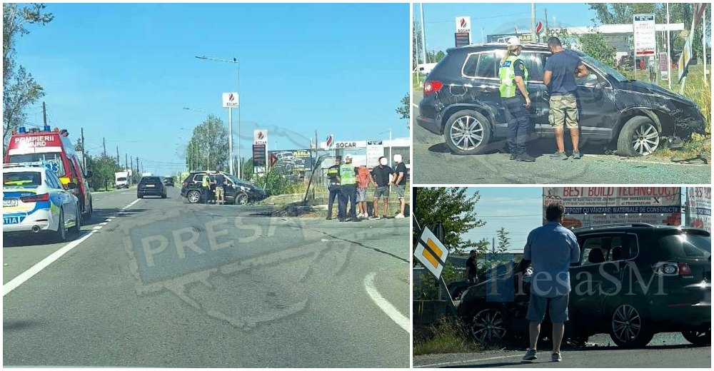 FOTO. Accident în municipiul Satu Mare. Mașină oprită, astăzi, într-un cap de pod pe B-dul Vlaicu