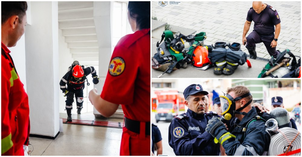 FOTO. Super pompierul! A urcat 8 etaje la Satu Mare, complet echipat, în doar 58 secunde!