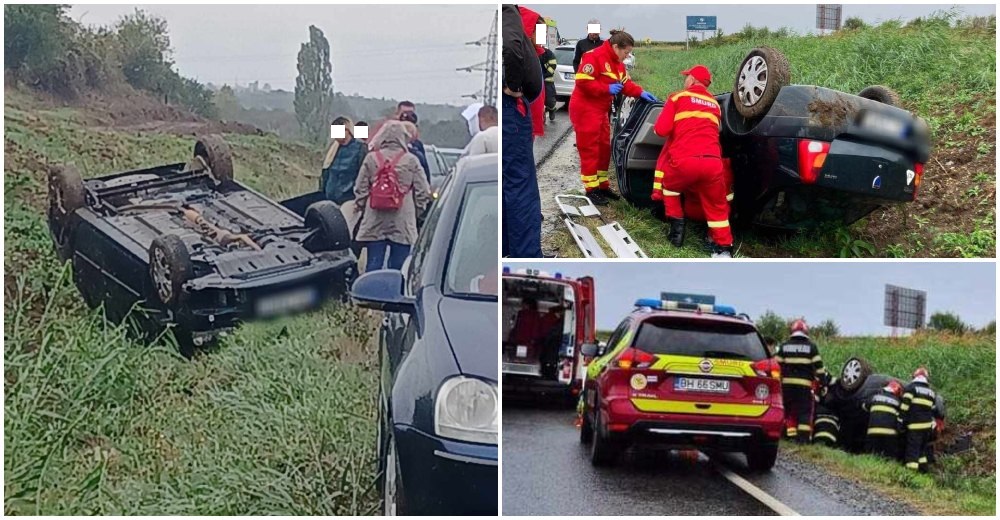 FOTO. O șoferiță s-a răsturnat cu mașina în șanț pe DN19, Oradea-Satu Mare