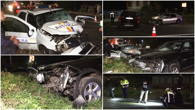 FOTO/VIDEO. Impact teribil în țară. A intrat cu BMW-ul în autospeciala polițiștilor. Cei doi agenți și șoferița, la spital