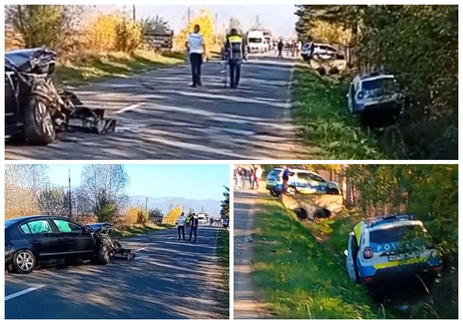 FOTO. Accident în lanț, polițist rănit. Mașina Poliției a fost proiectată în șanț, în județul vecin