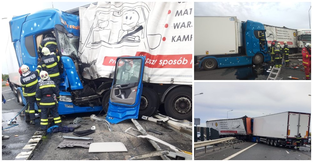 FOTO. Accident teribil: un mort și trei răniți. Impact între două TIR-uri și un autoturism