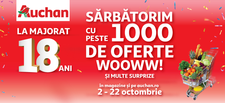 Auchan sărbătorește majoratul cu peste 1.000 de oferte și reduceri de neratat. Iată ofertele lunii din magazinul ATAC Hiper Discount by Auchan!