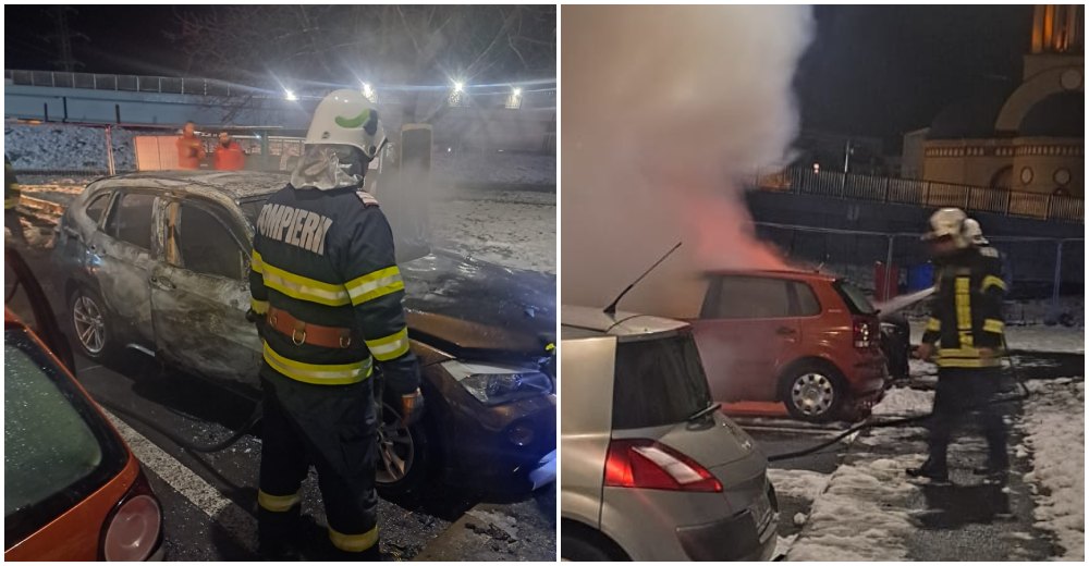 FOTO/VIDEO. Mașină distrusă complet de flăcări, în municipiul Satu Mare. Focul s-a extins și la un alt automobil