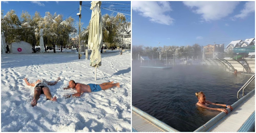 VIDEO. Baie în zăpadă la strandul din Tășnad. Apa termală face minuni :)