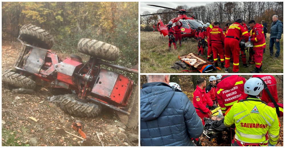 FOTO/VIDEO. Un sătmărean a căzut cu tractorul într-o râpă, în zona Bixad. A rămas încarcerat