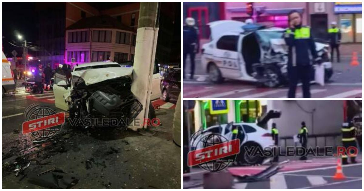 FOTO/VIDEO. Mașină de Poliție lovită de un Porsche. Trei polițiști răniți, șoferul a fugit