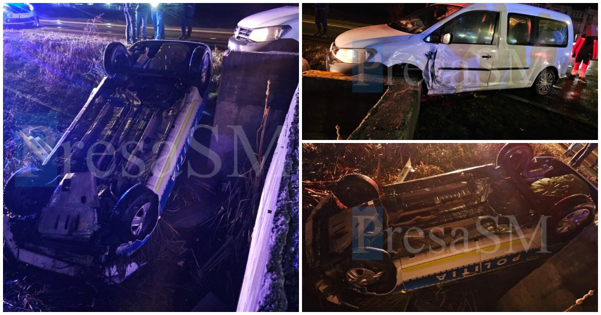 FOTO. Mașină de Poliție răsturnată în șanț, în municipiul Satu Mare. Ar fi și victime!