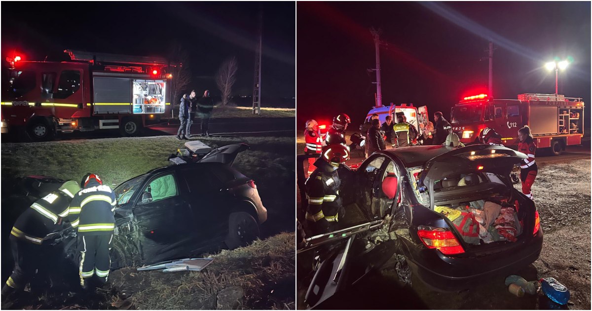 FOTO. Accident cu persoană încarcerată, în Satu Mare. Una dintre mașini a ajuns în șanț. Patru răniți, două persoane la spital