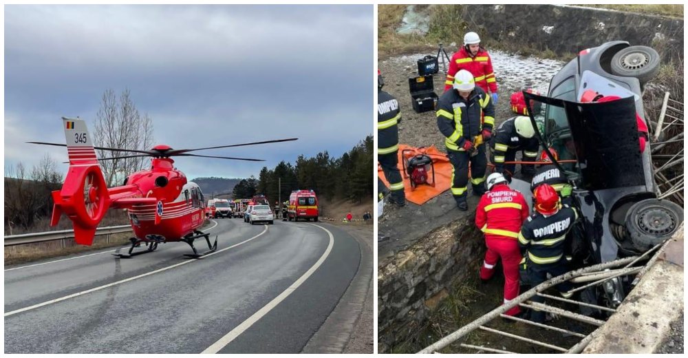 FOTO. Mașină răsturnată, patru victime. Elicopterul SMURD intervine pe DN1F (Satu Mare - Cluj)