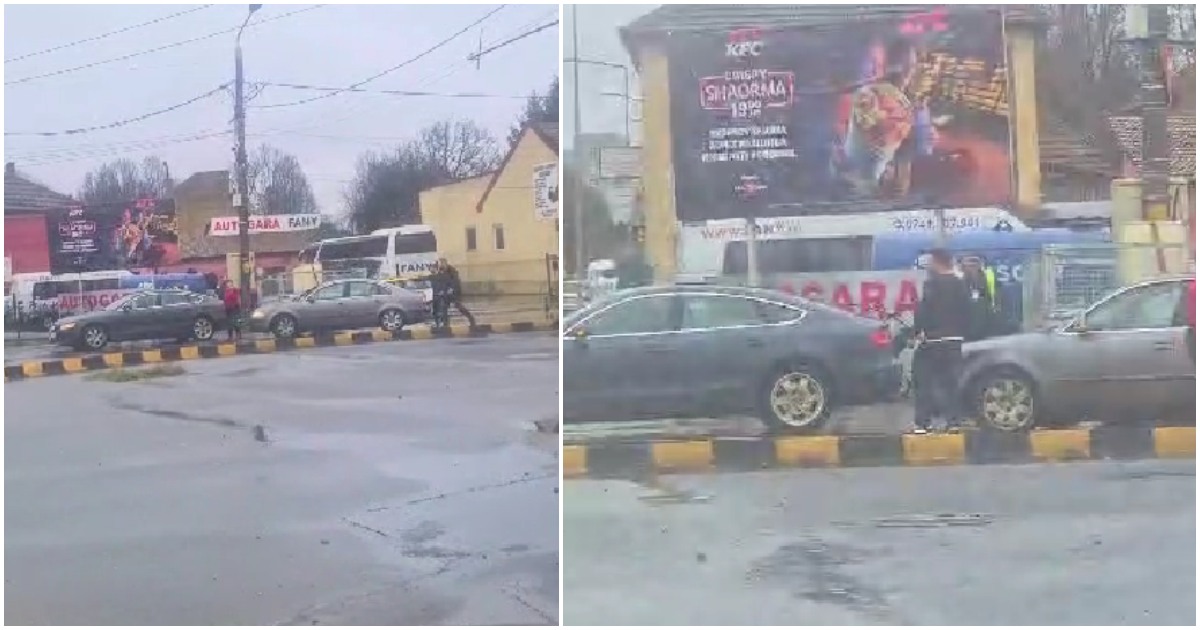 VIDEO. Accident și scandal în intersecția Burdea. Aproape să se bată