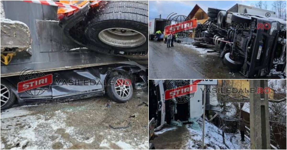 FOTO. MINUNE! Doi tineri au scăpat cu viață după ce un TIR s-a răsturnat peste mașina lor, în mers, în județul vecin