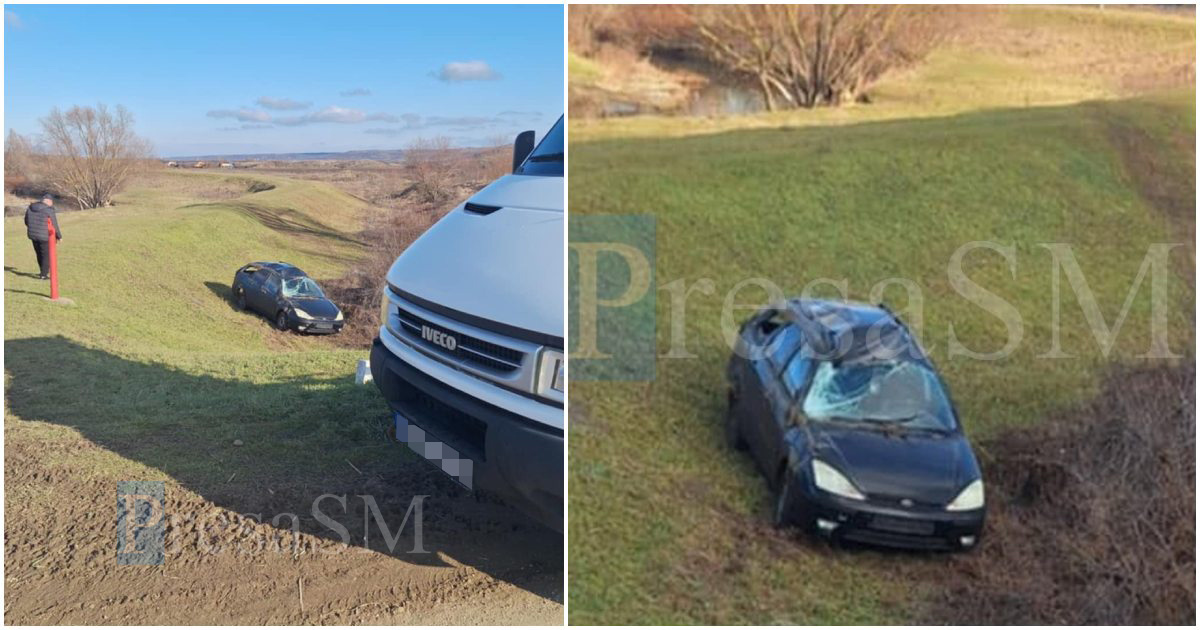 FOTO. Accident ciudat în județul Satu Mare. Un șofer s-ar fi răsturnat cu mașina de pe...dig