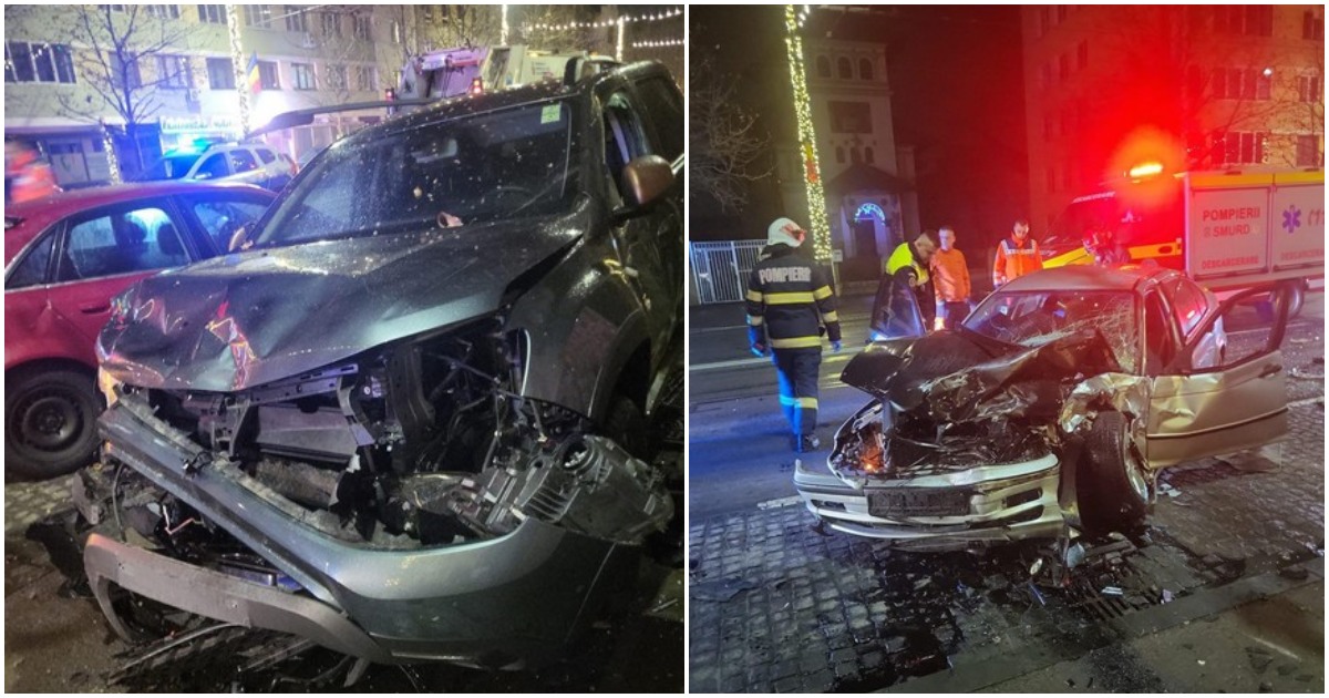 FOTO. Un şofer beat a lovit ca la popice mașinile parcare în centrul unui oraș din vestul țării. Un tânăr a ajuns la spital