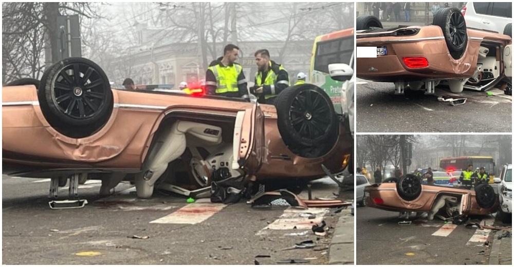 FOTO/VIDEO. Polițist lovit pe trecerea de pietoni! Bentley răsturnat, distrus