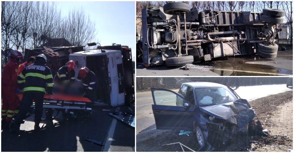 FOTO. Camion răsturnat pe șosea după o coliziune cu o mașină. Trei persoane au fost rănite