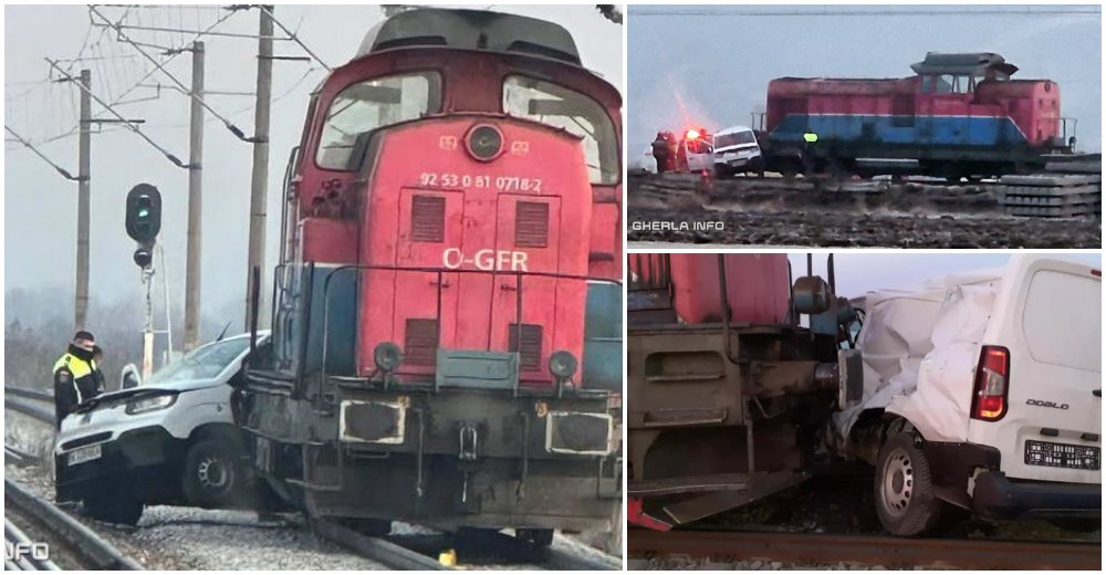 FOTO/VIDEO. Accident mortal! Autoutilitară lovită de tren, târâtă zeci de metri, un tânăr și-a pierdut viața